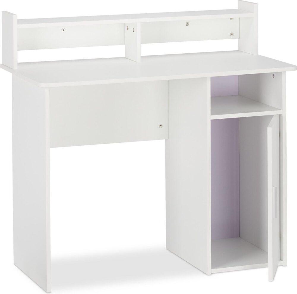Birou calculator cu dulap, Relaxdays, 96 x 100 x 50 cm, pal si metal, alb