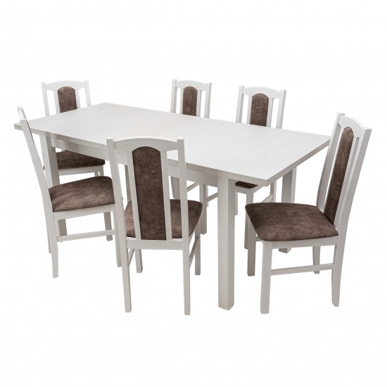 Set masa extensibila 120x150cm cu 6 scaune tapitate, MB-13 Max5 si S-37 Boss7 B18A, alb, lemn masiv de fag, stofa
